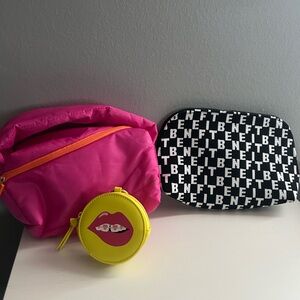 Pink and Black Benefit Cosmetic Bags with Yellow Lip Pouch